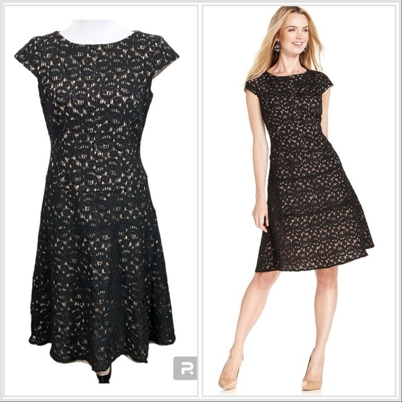 Anne Klein Dresses & Skirts - Anne Klein black lace se thru a line dress cap sleeves and tan lining size 4